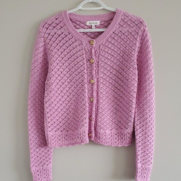 Heartloom Pink Knit Novella With Gold Accent Cotton Feminine Coquette Cardigan M - Picture 2 of 13